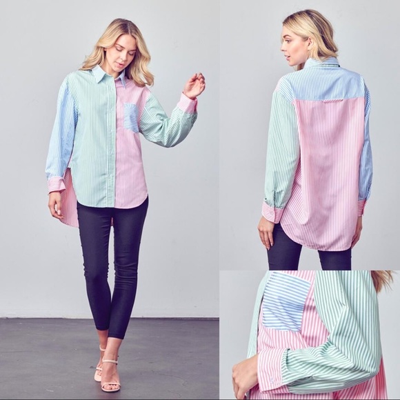 FORE COLLECTION SUMMER COLORBLOCK PINSTRIPE CURVED HEM BUTTON UP POPLIN SHIRT - Picture 5 of 6